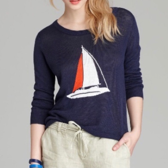 JOIE EVALINE Intarsia Knit Navy Sailboat Sweater